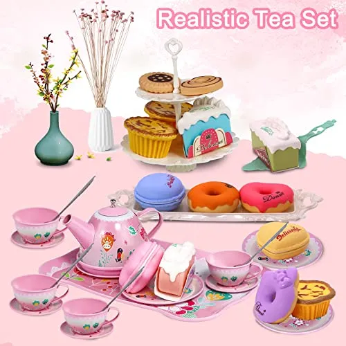 Tea Party Set for Little Girls,PRE-WORLD Princess Tea Time Toy Including Dessert,Cookies,Doughnut,Teapot Tray Cake, Tablecloth & Carrying Case,Kids Kitchen Pretend Play for Girls Boys Age 3-6
