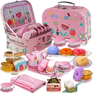 Tea Party Set for Little Girls,PRE-WORLD Princess Tea Time Toy Including Dessert,Cookies,Doughnut,Teapot Tray Cake, Tablecloth & Carrying Case,Kids Kitchen Pretend Play for Girls Boys Age 3-6
