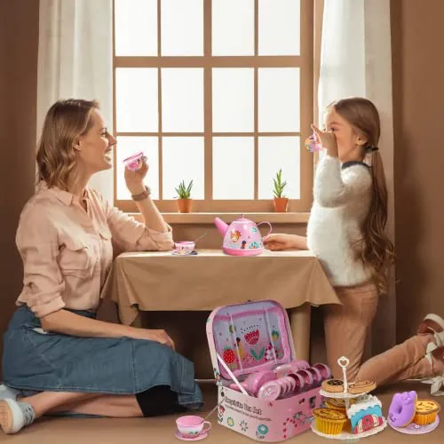 Tea Party Set for Little Girls,PRE-WORLD Princess Tea Time Toy Including Dessert,Cookies,Doughnut,Teapot Tray Cake, Tablecloth & Carrying Case,Kids Kitchen Pretend Play for Girls Boys Age 3-6