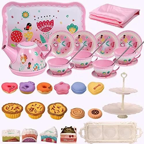 Tea Party Set for Little Girls,PRE-WORLD Princess Tea Time Toy Including Dessert,Cookies,Doughnut,Teapot Tray Cake, Tablecloth & Carrying Case,Kids Kitchen Pretend Play for Girls Boys Age 3-6