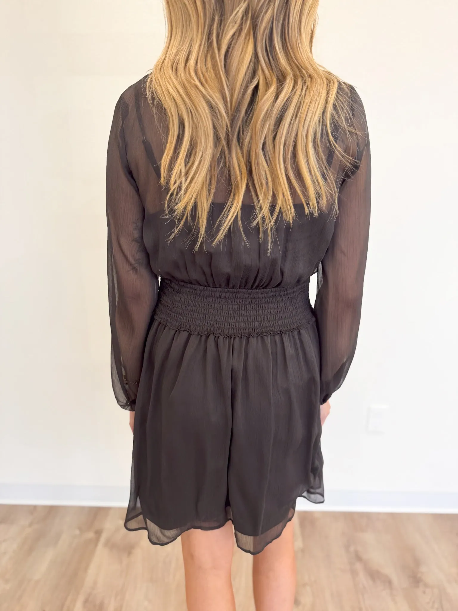 Tinsley Long Sleeve Smocked Short Dress in Chocolate