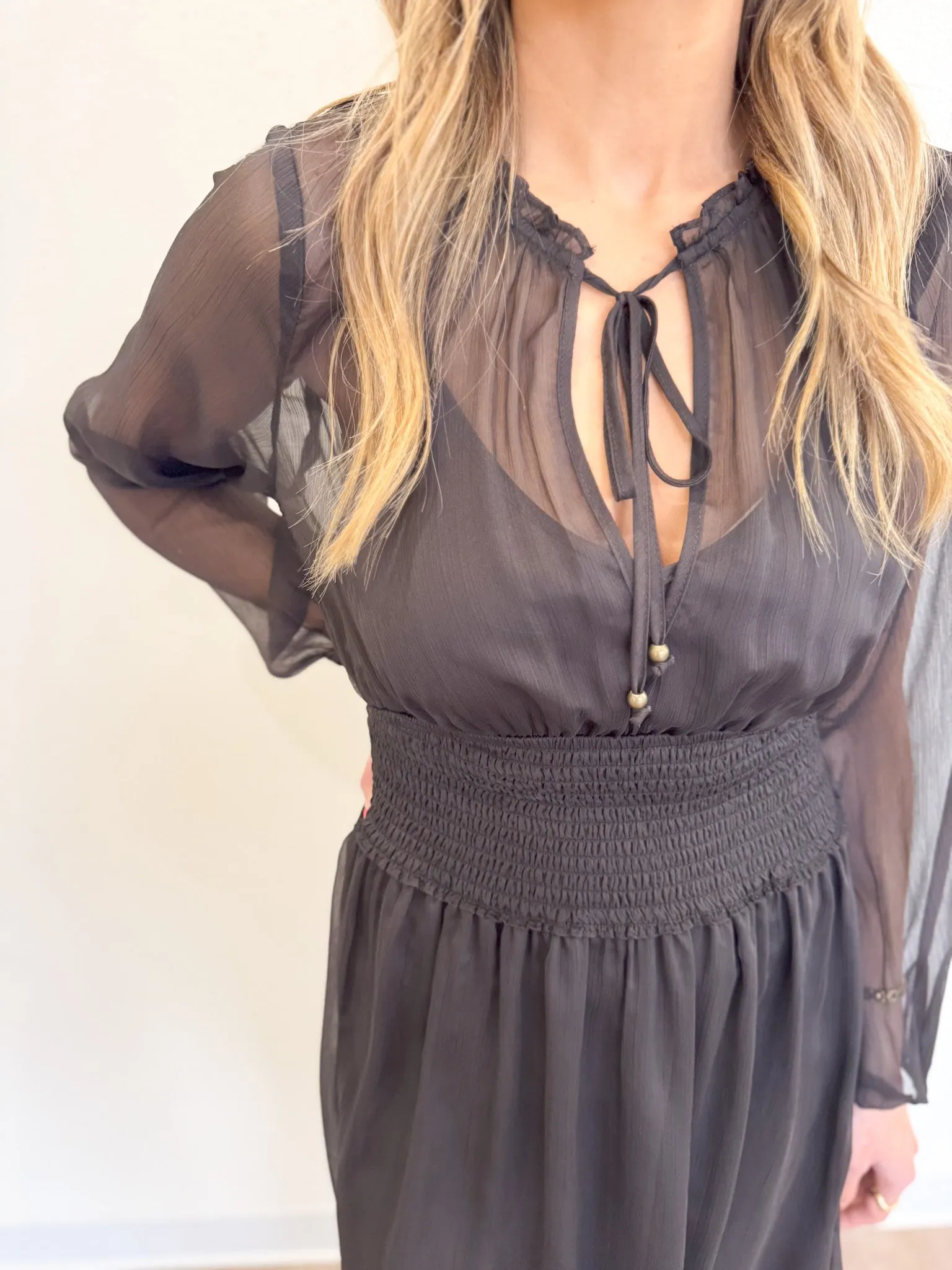 Tinsley Long Sleeve Smocked Short Dress in Chocolate