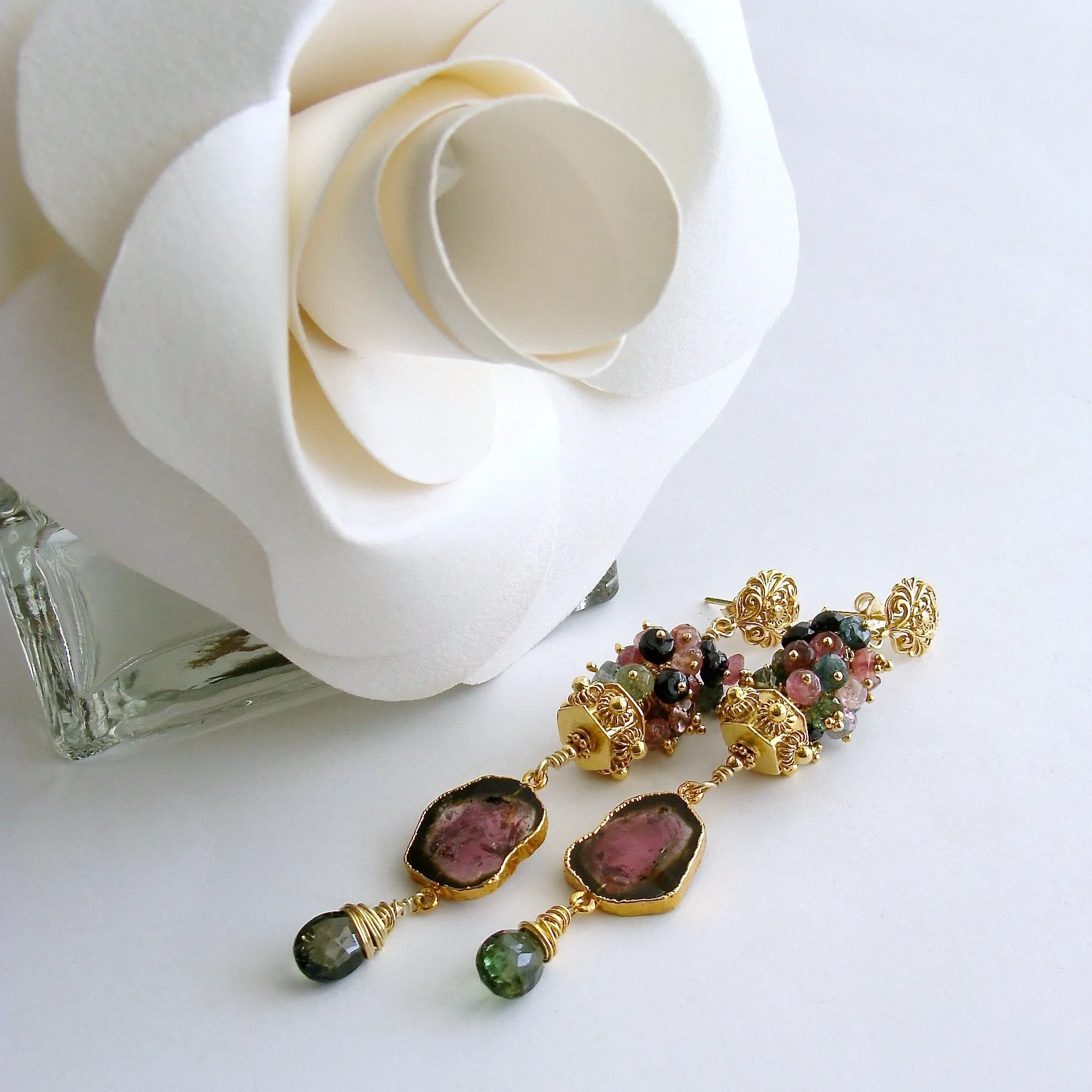 Tourmaline Slices Long Tourmaline Cluster Earrings - Tatiana Earrings