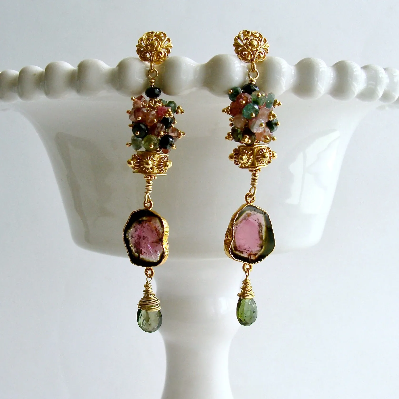 Tourmaline Slices Long Tourmaline Cluster Earrings - Tatiana Earrings
