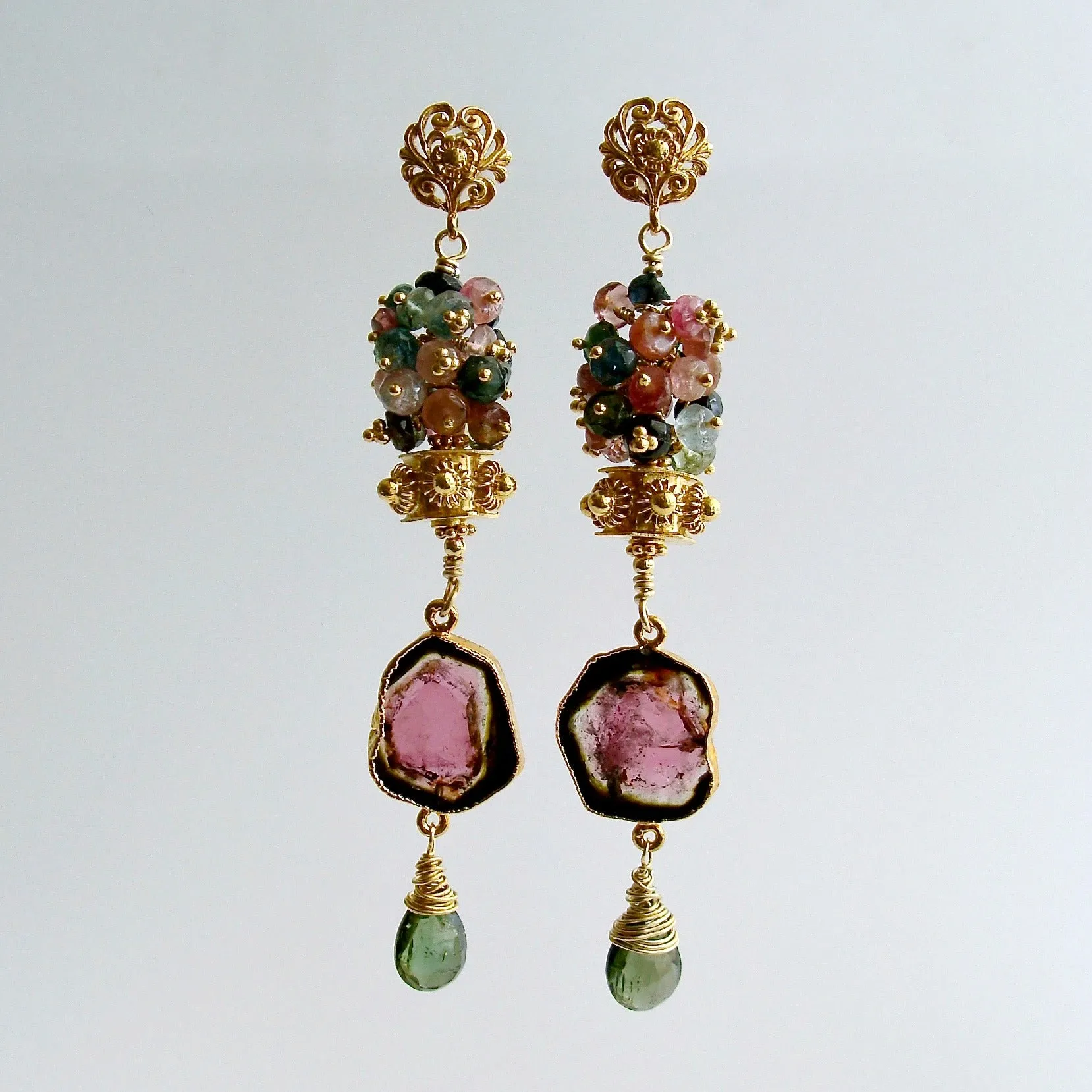 Tourmaline Slices Long Tourmaline Cluster Earrings - Tatiana Earrings