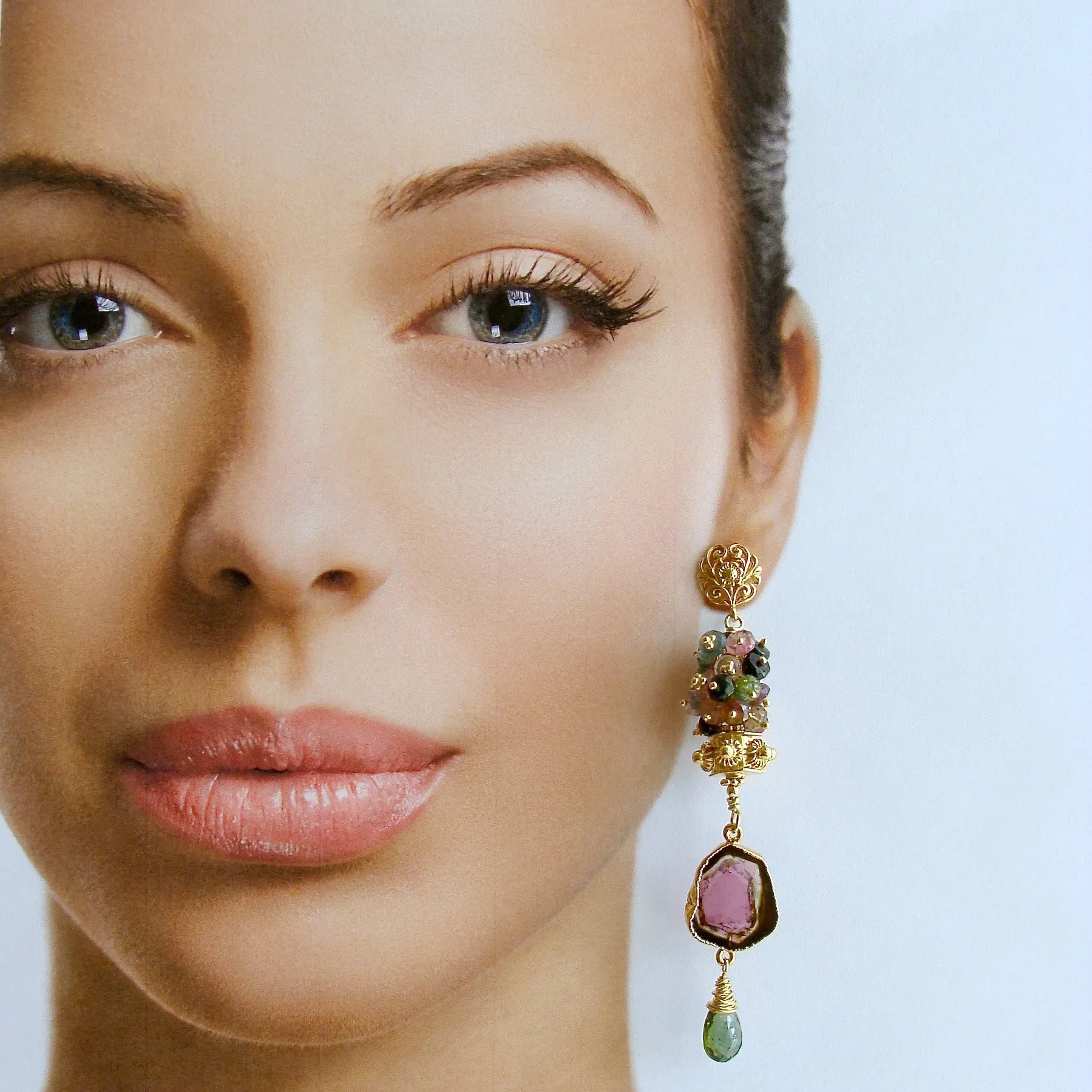 Tourmaline Slices Long Tourmaline Cluster Earrings - Tatiana Earrings
