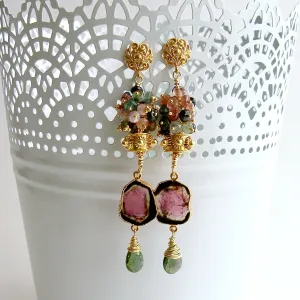 Tourmaline Slices Long Tourmaline Cluster Earrings - Tatiana Earrings