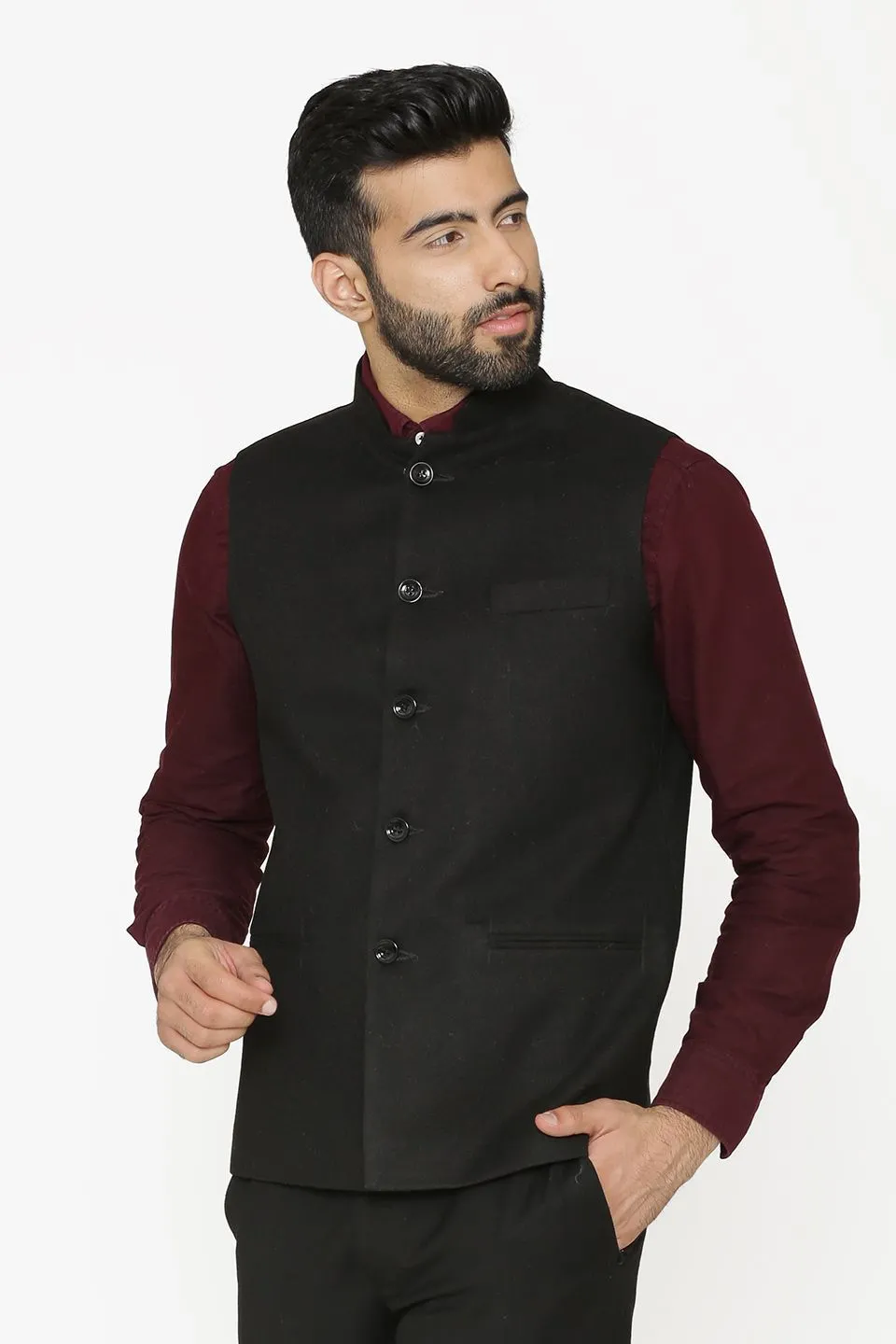 Tweed Wool Black Modi Nehru Jacket