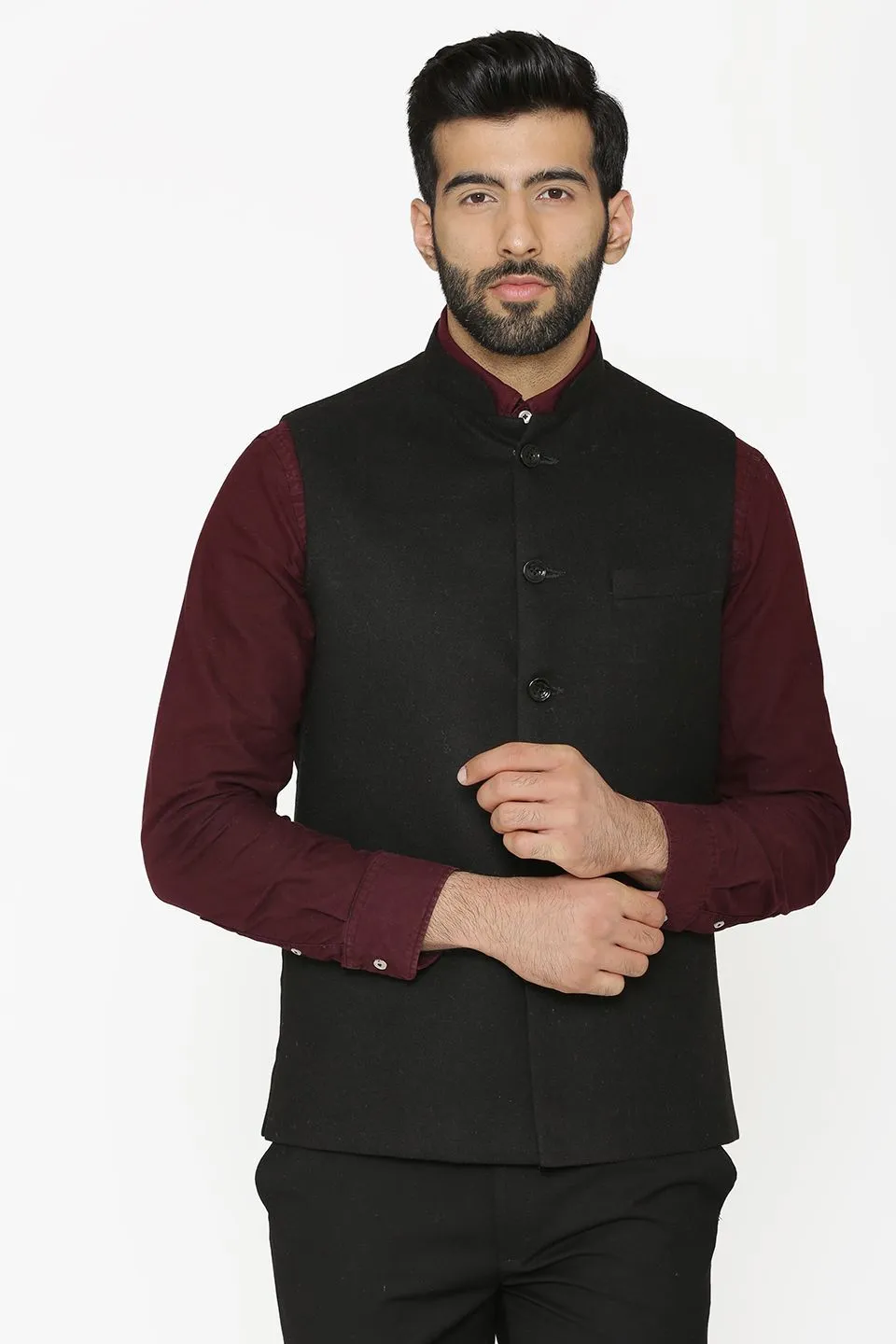 Tweed Wool Black Modi Nehru Jacket