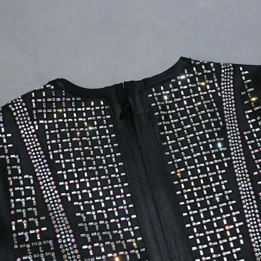 V Neck Long Sleeve Rhinestone Midi Bandage Dress PZPDAQ311