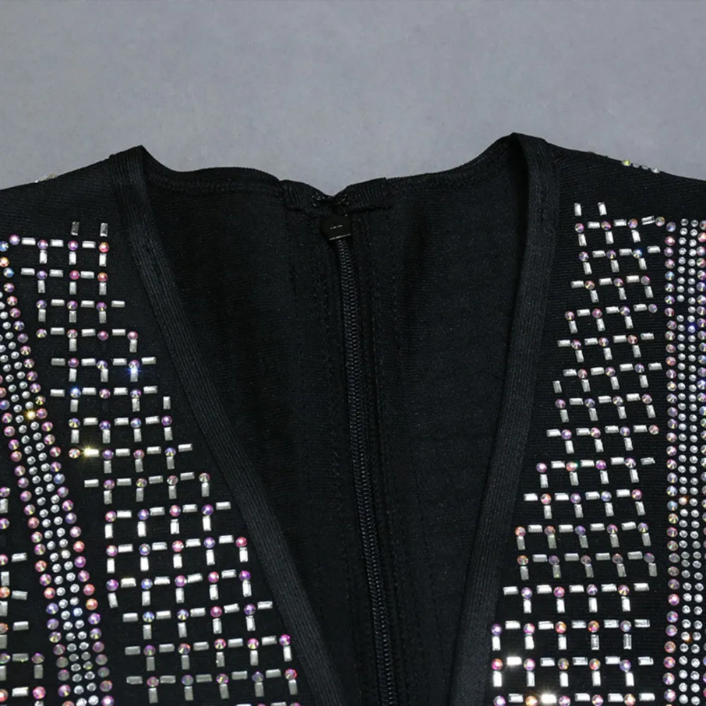 V Neck Long Sleeve Rhinestone Midi Bandage Dress PZPDAQ311