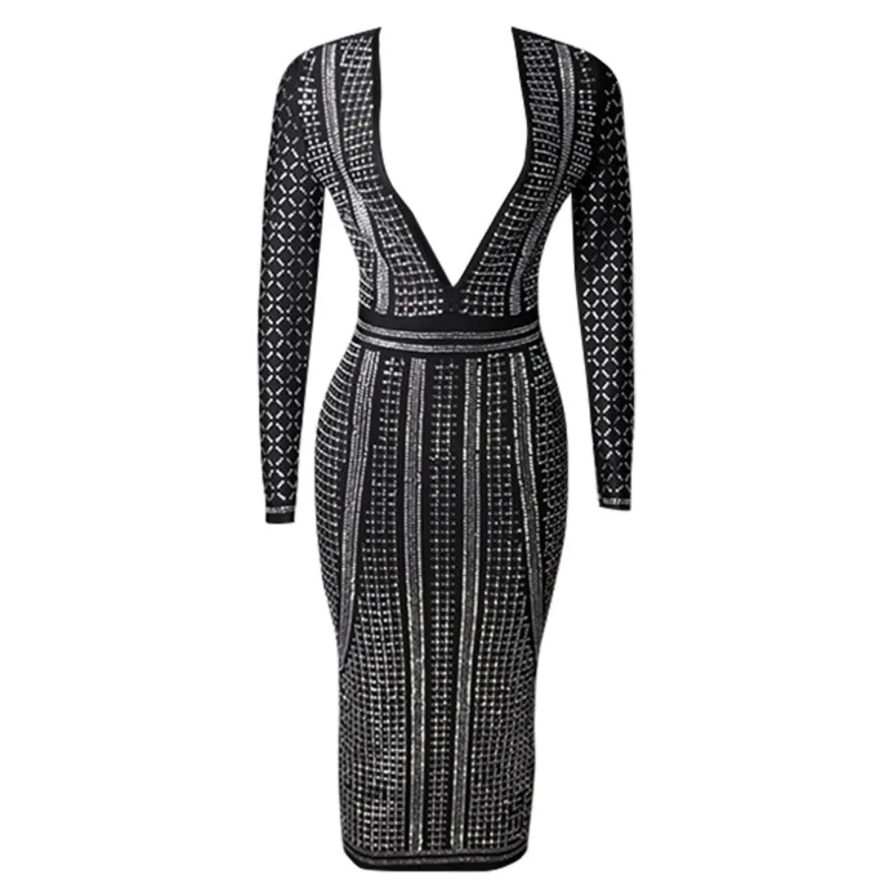 V Neck Long Sleeve Rhinestone Midi Bandage Dress PZPDAQ311