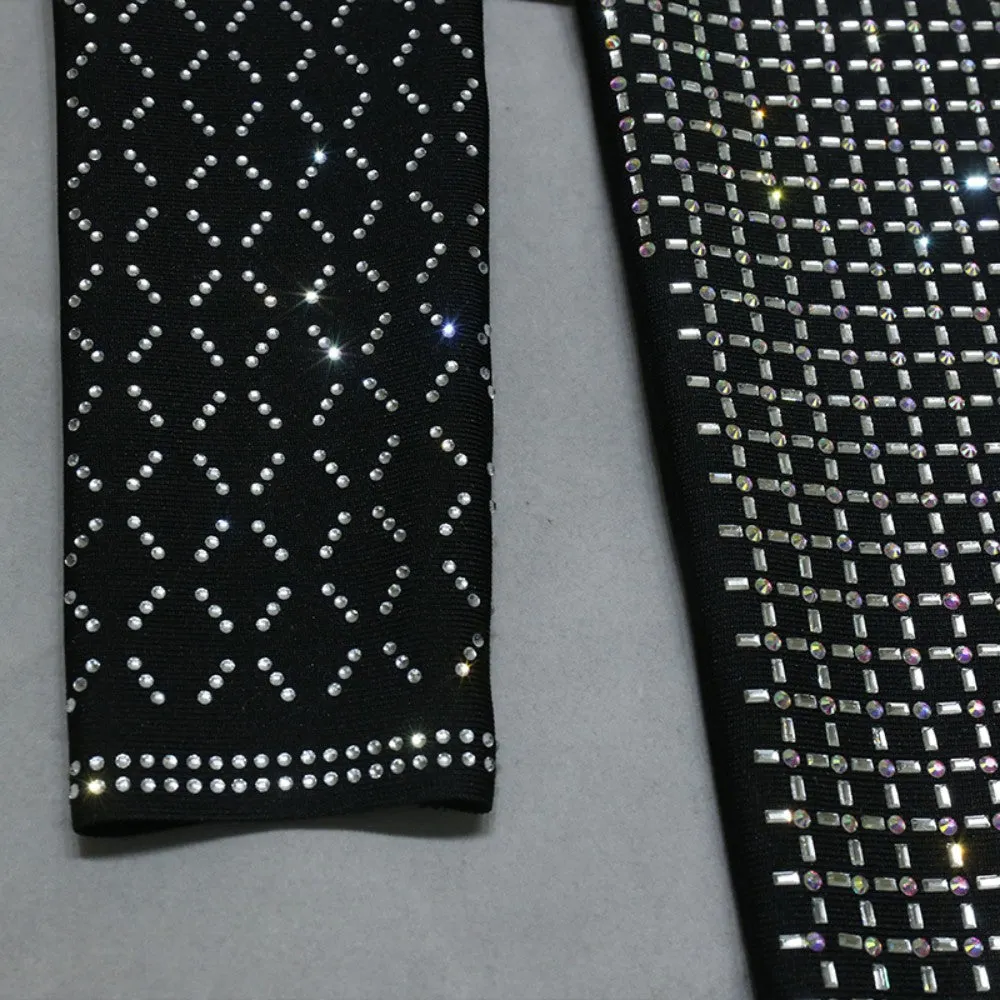 V Neck Long Sleeve Rhinestone Midi Bandage Dress PZPDAQ311
