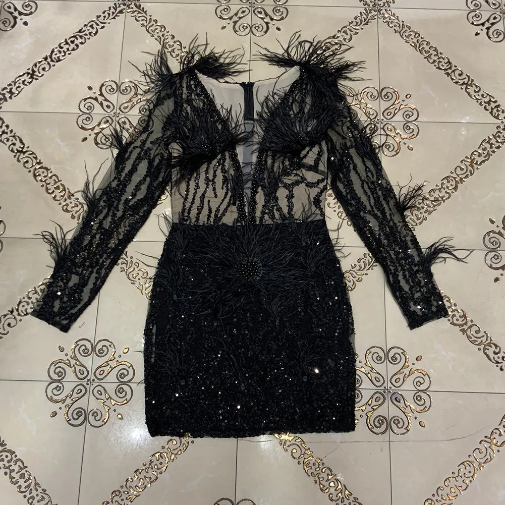 V Neck Long Sleeve Sequined Mini Bodycon Dress
