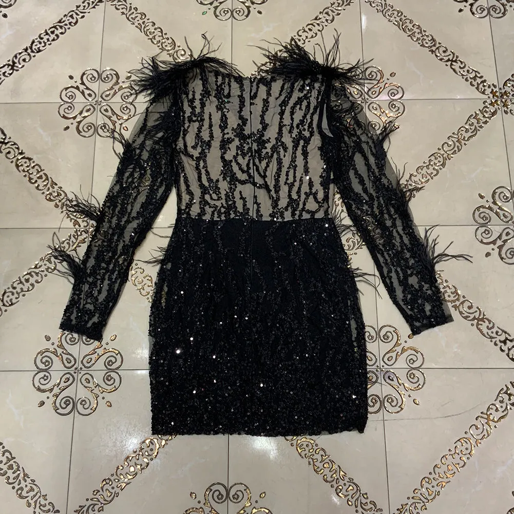 V Neck Long Sleeve Sequined Mini Bodycon Dress