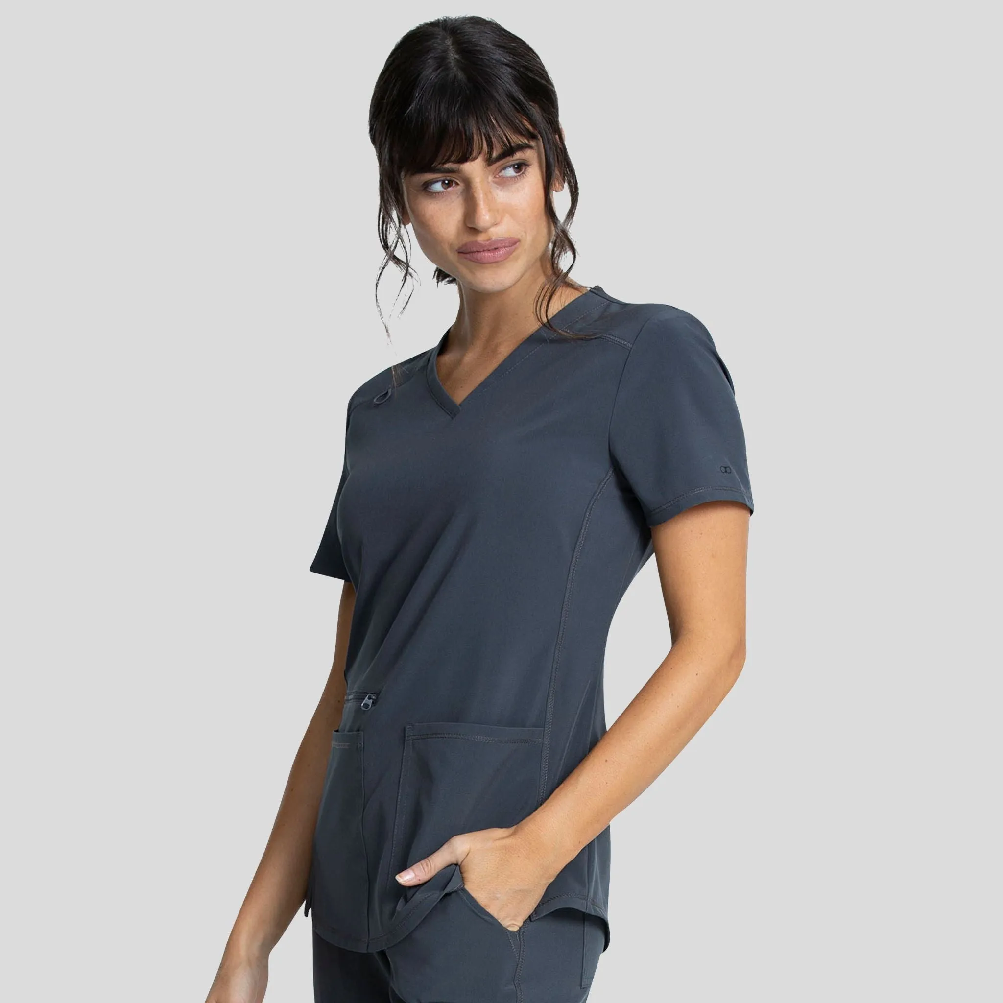 V-Neck Top With Badge Loop | Pewter
