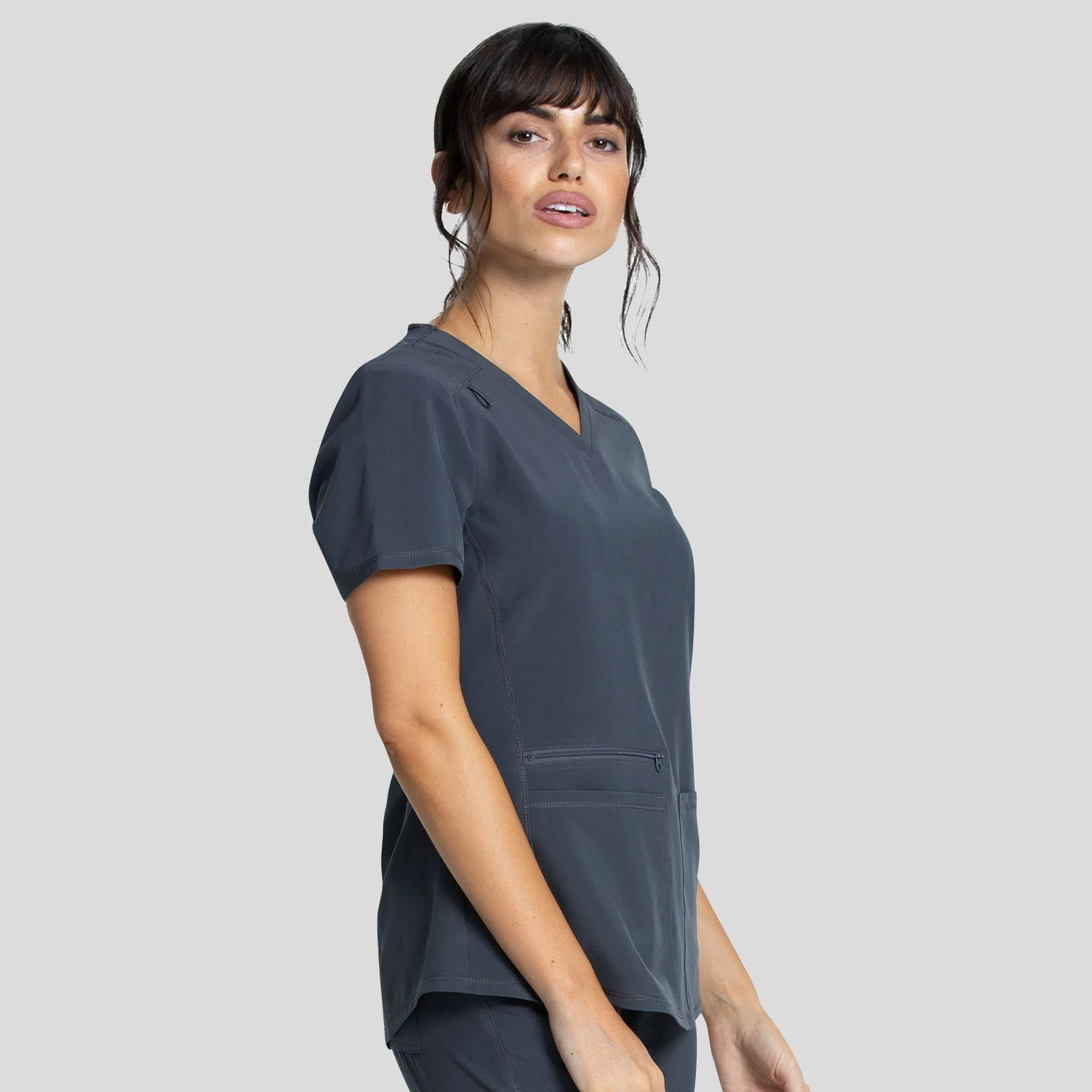 V-Neck Top With Badge Loop | Pewter