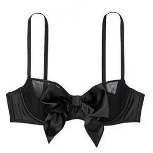 Victoria's Secret Wicked Unlined Sheer Black Satin Bow Balconette Bra 32F 32DDD