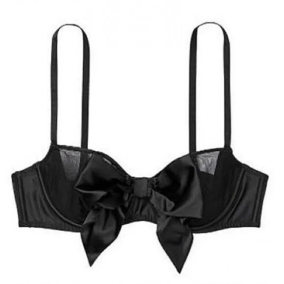 Victoria's Secret Wicked Unlined Sheer Black Satin Bow Balconette Bra 32F 32DDD