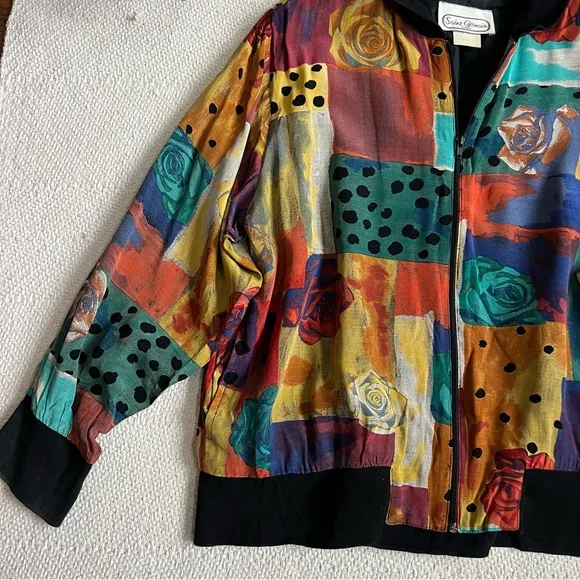 Vintage 80s Abstract Rose Print Oversized Bomber Jacket