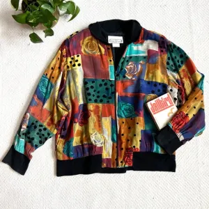 Vintage 80s Abstract Rose Print Oversized Bomber Jacket