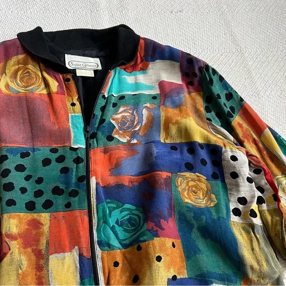 Vintage 80s Abstract Rose Print Oversized Bomber Jacket
