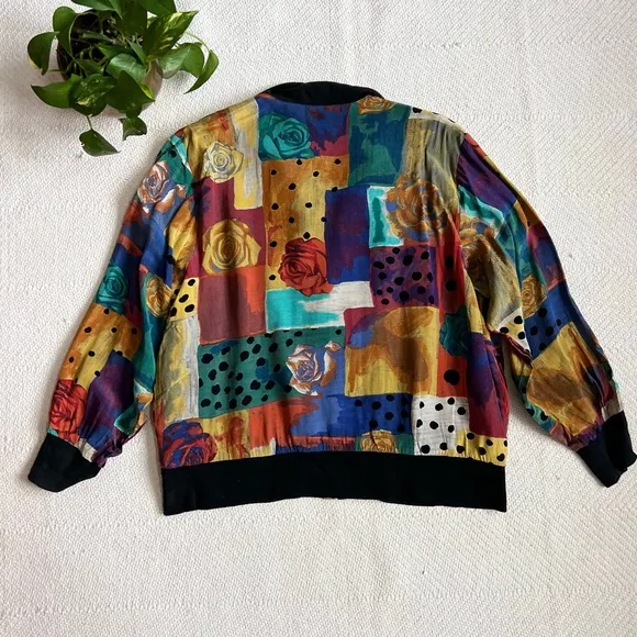 Vintage 80s Abstract Rose Print Oversized Bomber Jacket