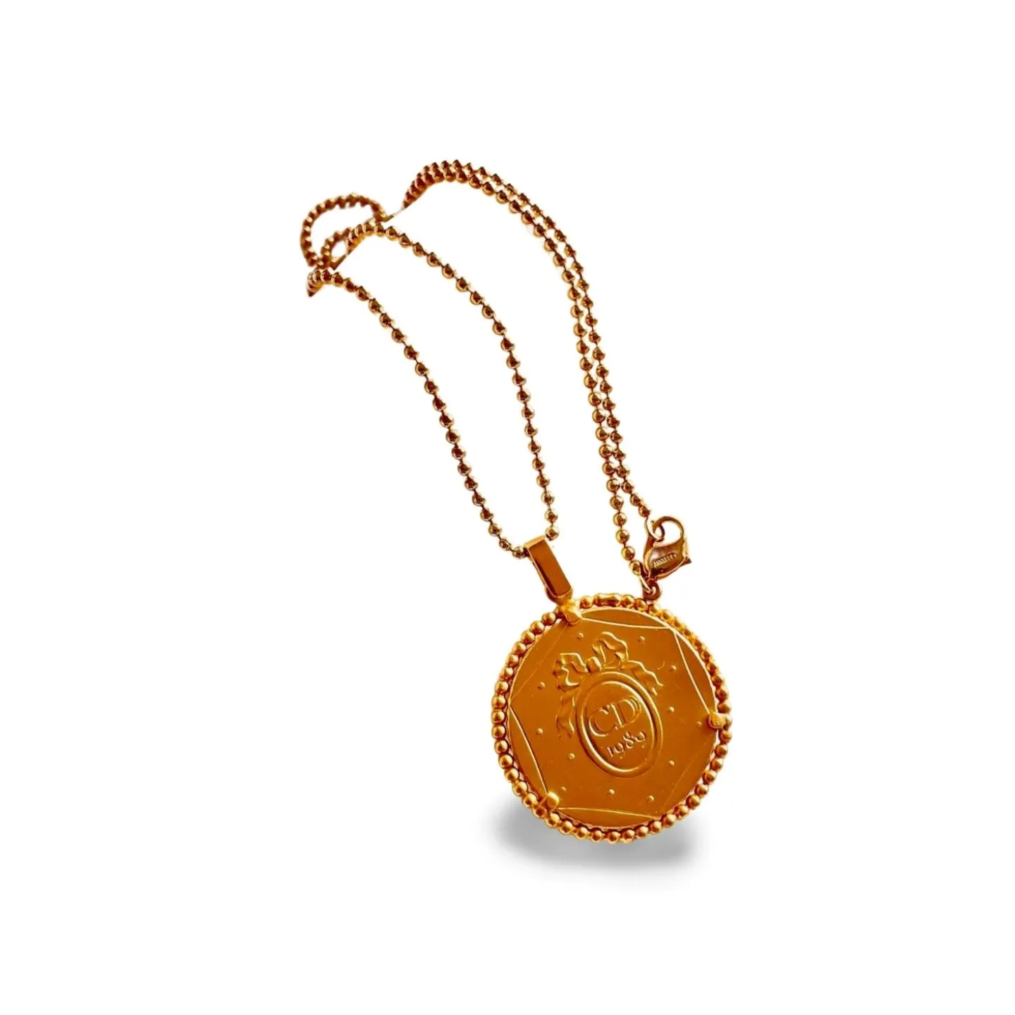 Vintage Christian Dior ball chain necklace with round shape logo embossed coin pendant top. Fab dior vintage jewelry gift. 060305ac1