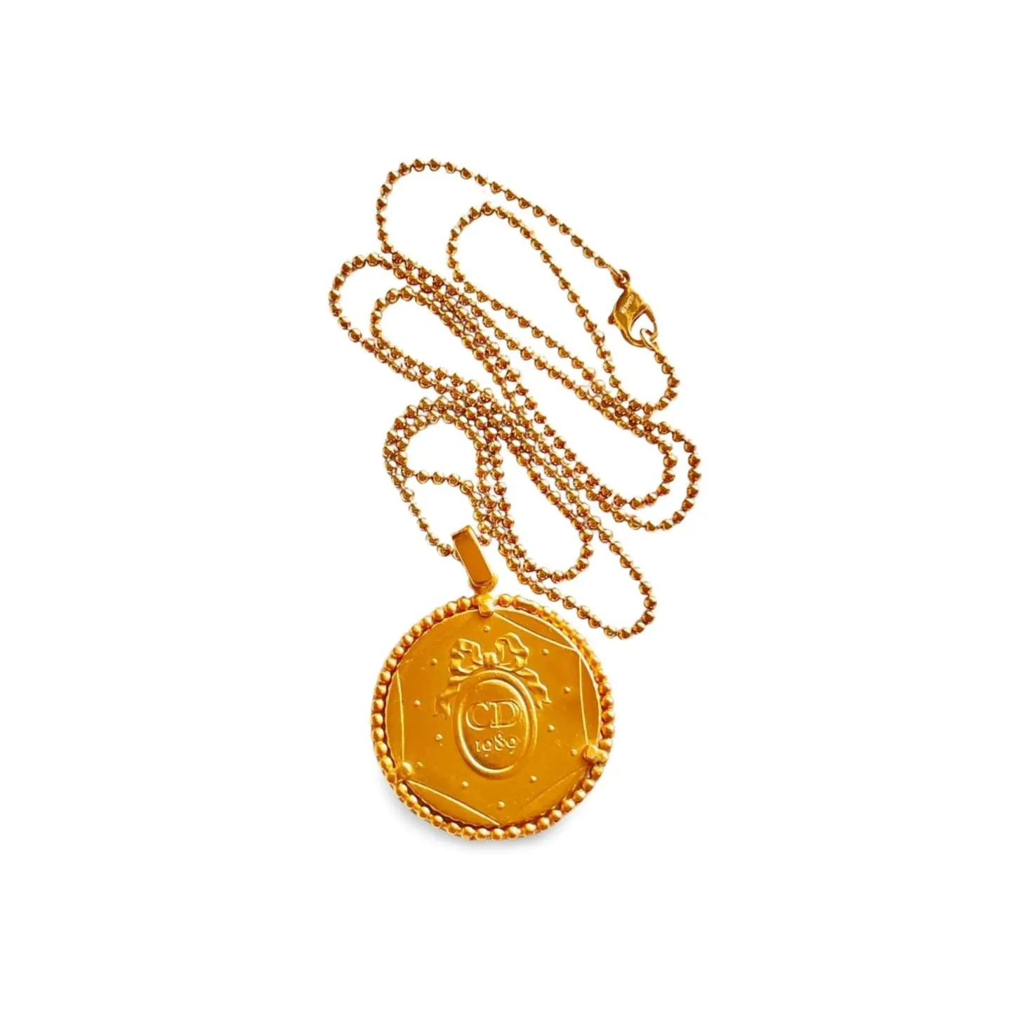 Vintage Christian Dior ball chain necklace with round shape logo embossed coin pendant top. Fab dior vintage jewelry gift. 060305ac1