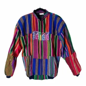 Vintage Guatemalan 80s Colorful Patchwork Rainbow Serape Bomber Zip Jacket XL