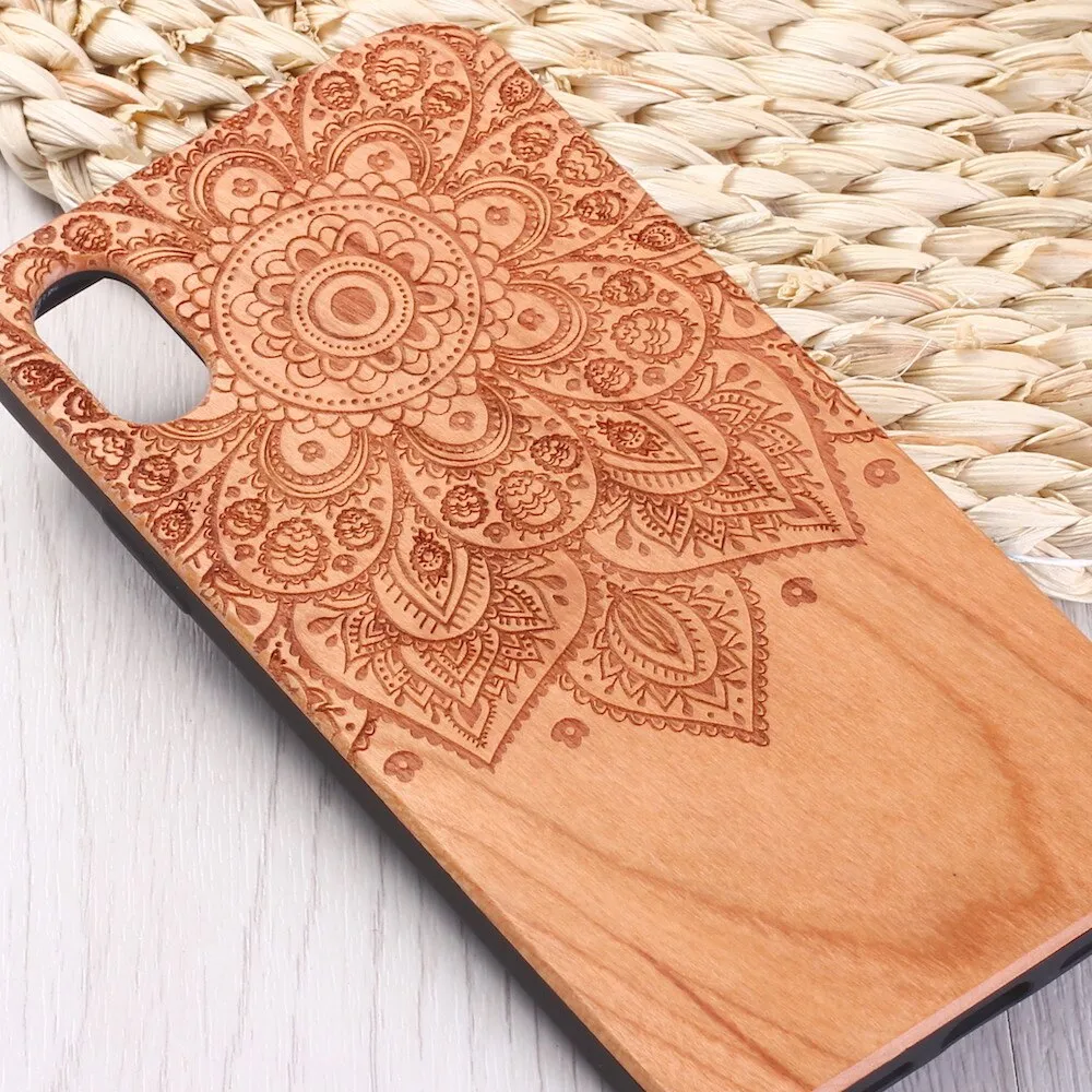 Vintage Henna Mandala Floral Engraved Wood iPhone 14 13 12 11 Case