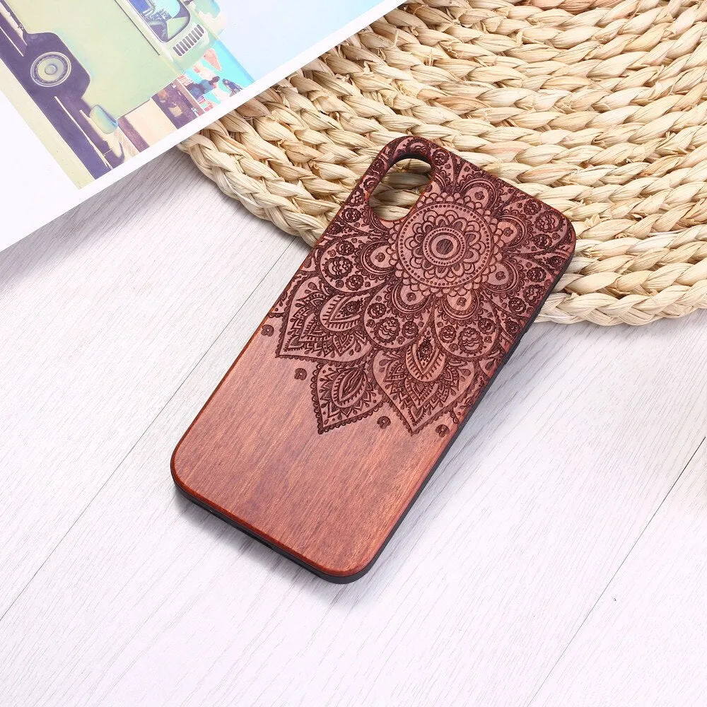 Vintage Henna Mandala Floral Engraved Wood iPhone 14 13 12 11 Case