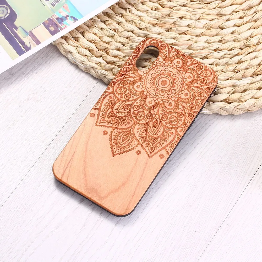 Vintage Henna Mandala Floral Engraved Wood iPhone 14 13 12 11 Case