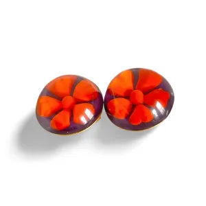 Vintage KENZO purple and orange round flower resin earrings. Round earrings. Chic, mod, and rare masterpiece jewelry. 060728br5