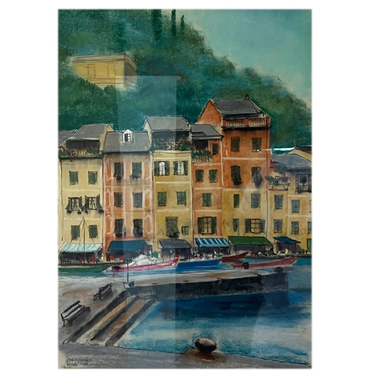 Vintage ORR Pastel and Ink on Paper Drawing, Portofino, Italy