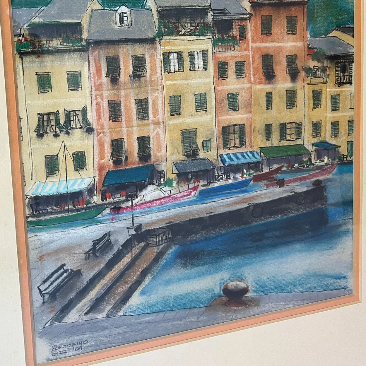 Vintage ORR Pastel and Ink on Paper Drawing, Portofino, Italy