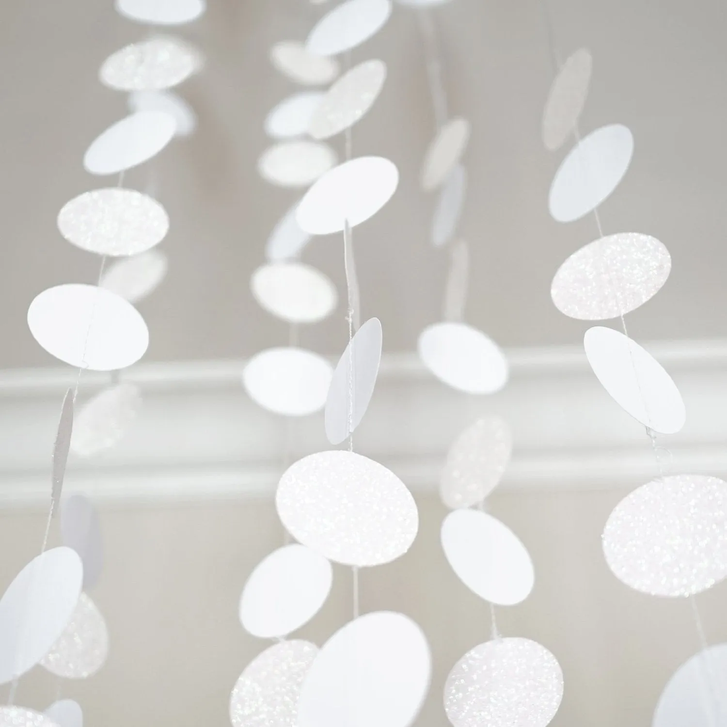 White and Pearl Glitter Circle Polka Dots Paper Garland 10 FT Banner Party Decor