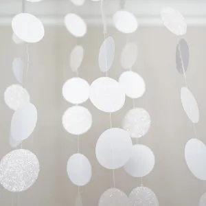 White and Pearl Glitter Circle Polka Dots Paper Garland 10 FT Banner Party Decor