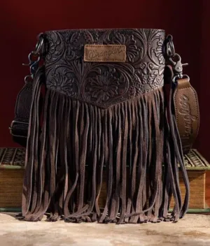 Wrangler Vintage Coffee Floral Embossed Fringe Crossbody