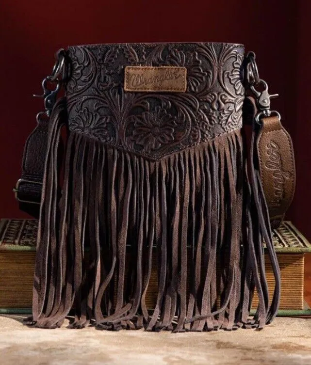 Wrangler Vintage Coffee Floral Embossed Fringe Crossbody