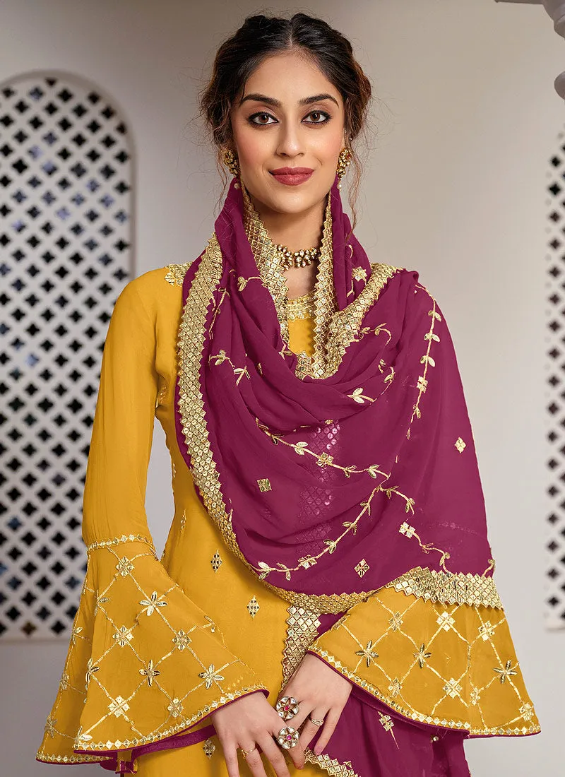 Yellow And Wine Zari Embroidered Gharara Style Suit